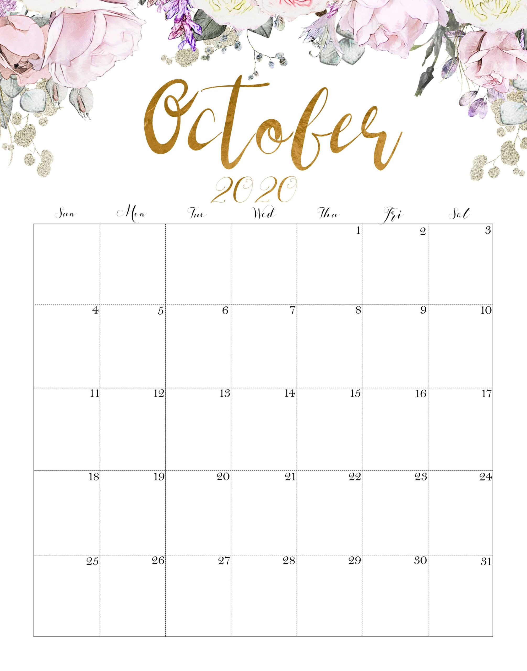 Floral October 2020 Calendar Printable | October Calendar