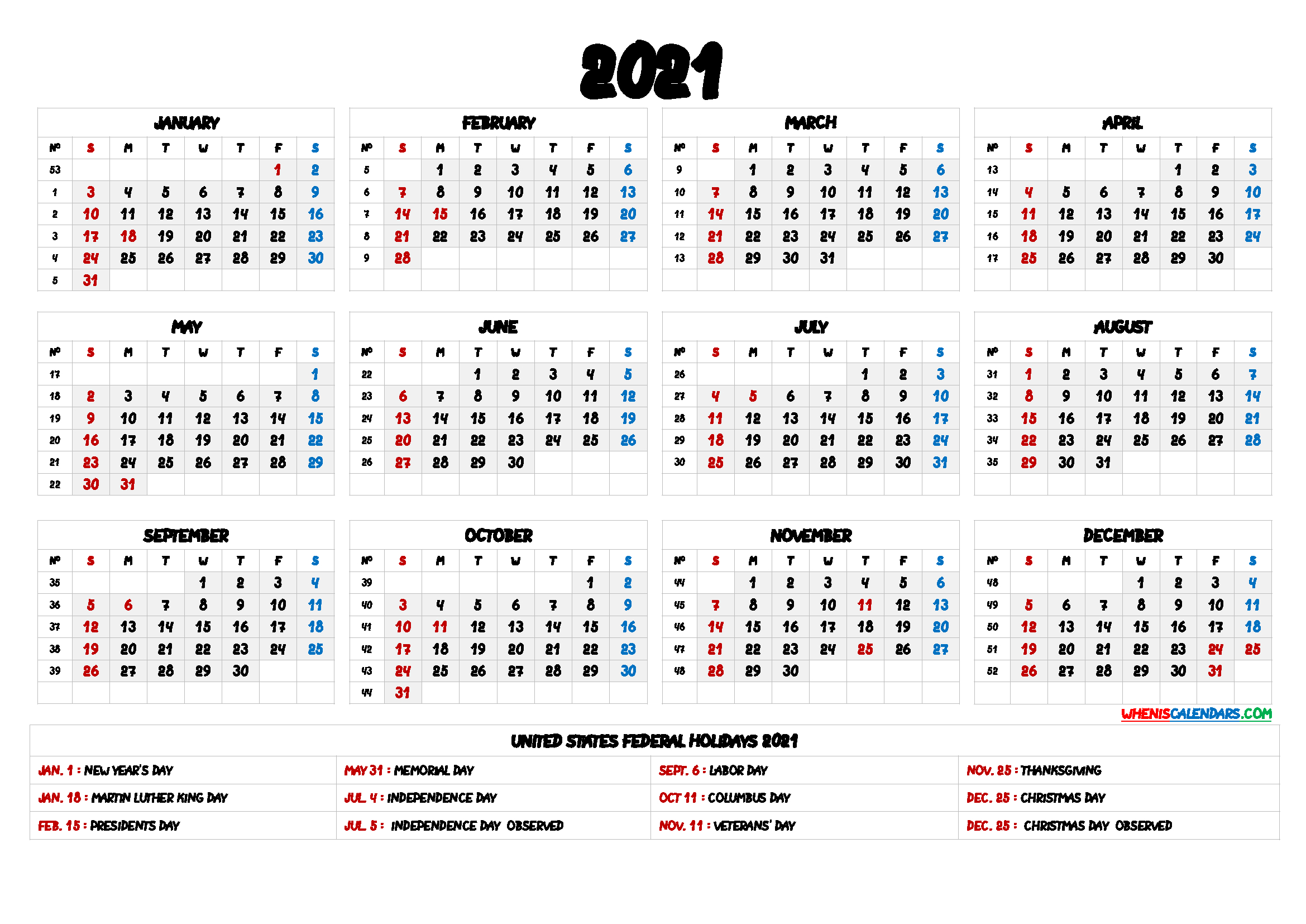 12 Month Free Printable 2021 Calendar With Holidays