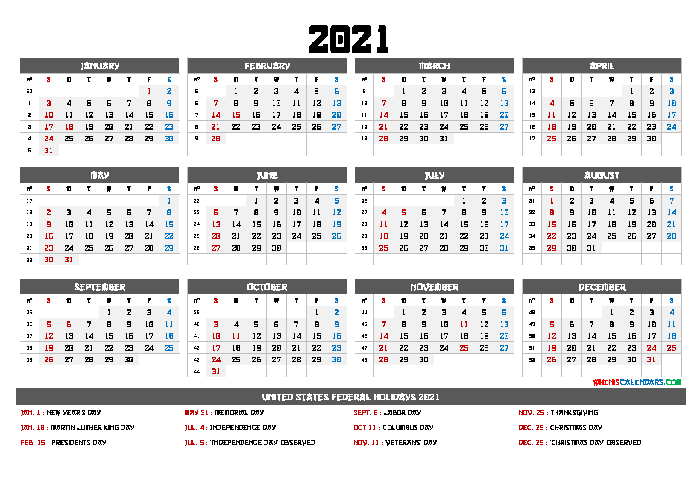 12 Month 2021 Printable Calendar