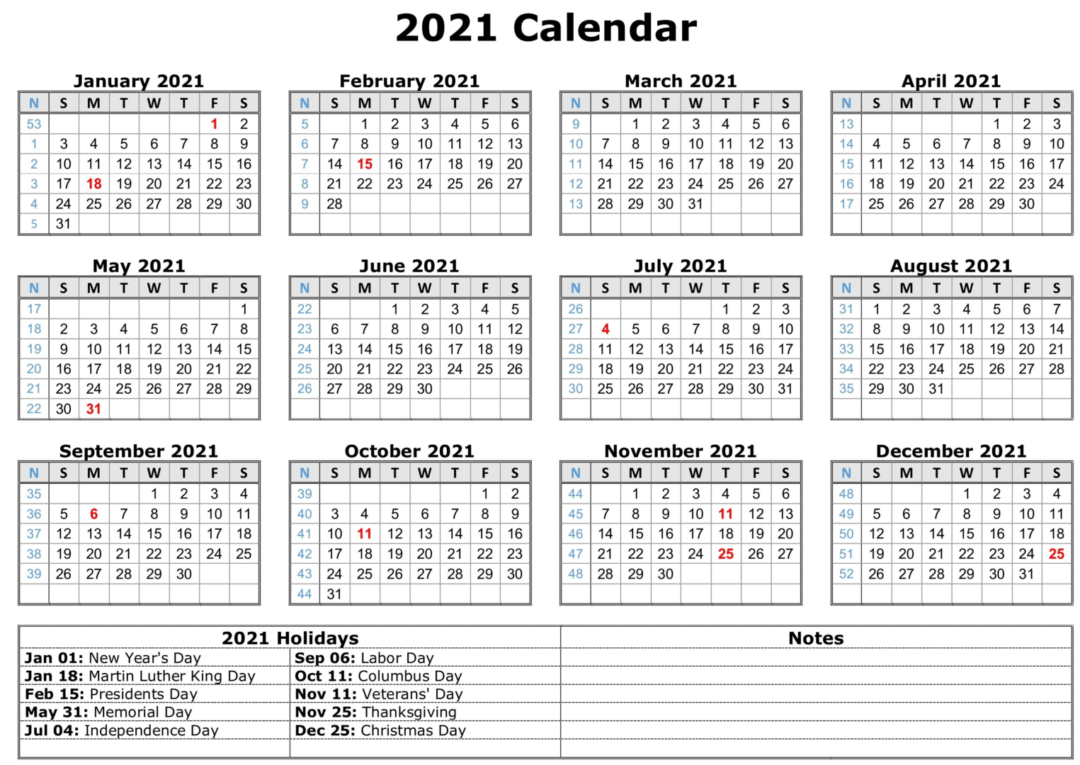 12 Month Free Printable Large Print 2021 Calendar