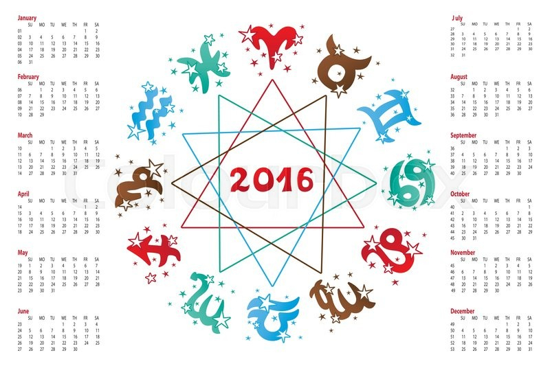2016 New Year Calendar.horoscope Circle With Zodiac Sign