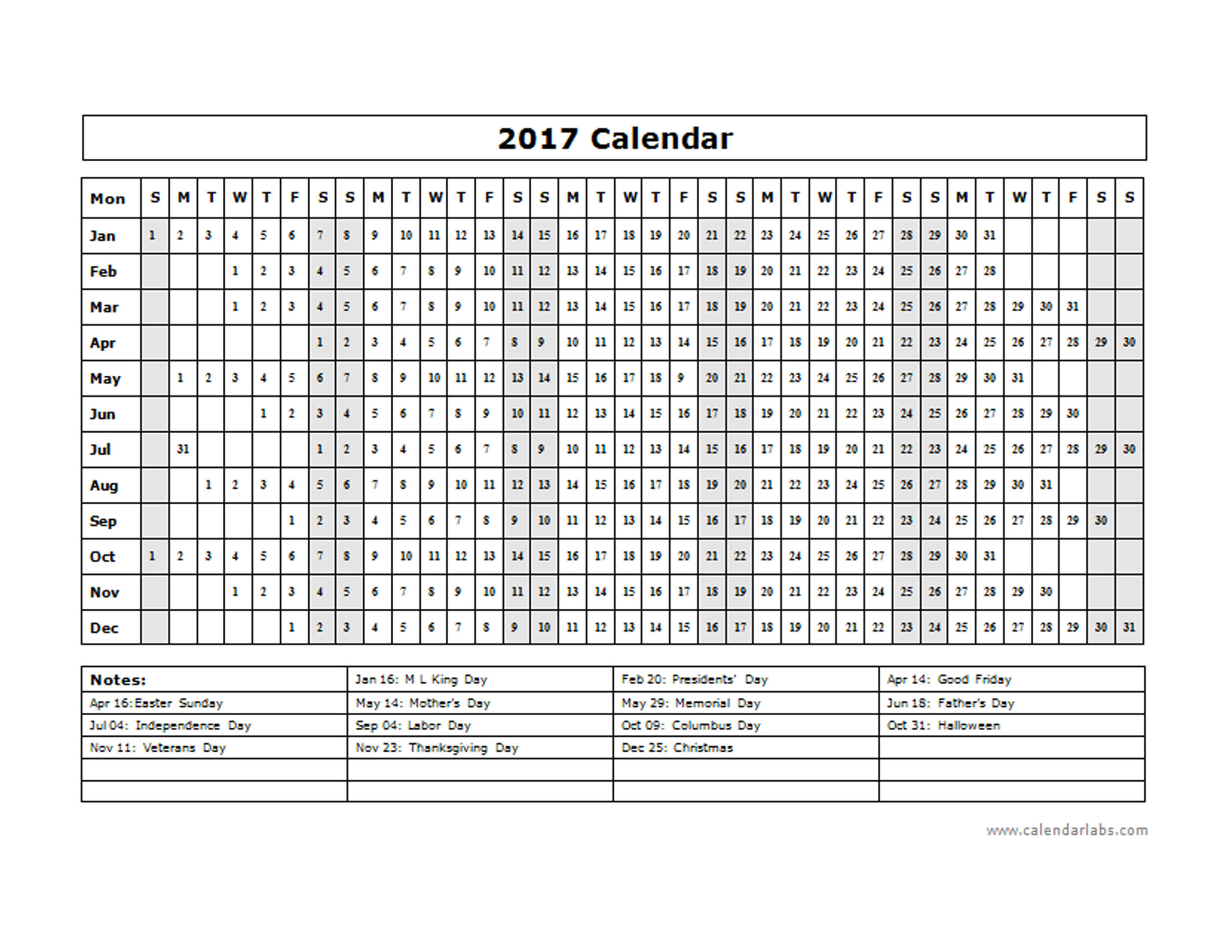 2017 Calendar Template Year At A Glance - Free Printable