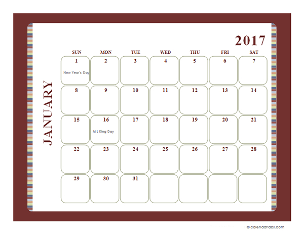 2017 Monthly Calendar Template Large Boxes - Free