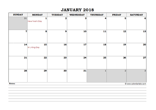 2018 Excel Monthly Calendar With Notes - Free Printable