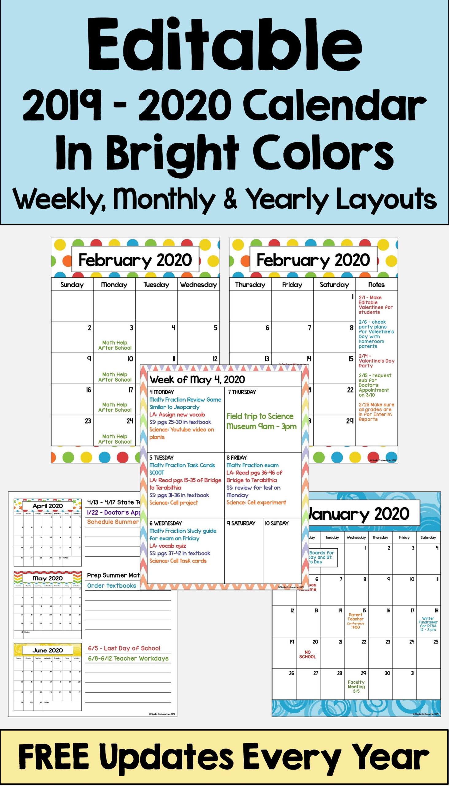 2019-2020 Editable Calendar With Bright Colors And Free