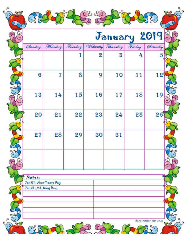 2019 Monthly Kid Kindergarten Calendar Template - Free