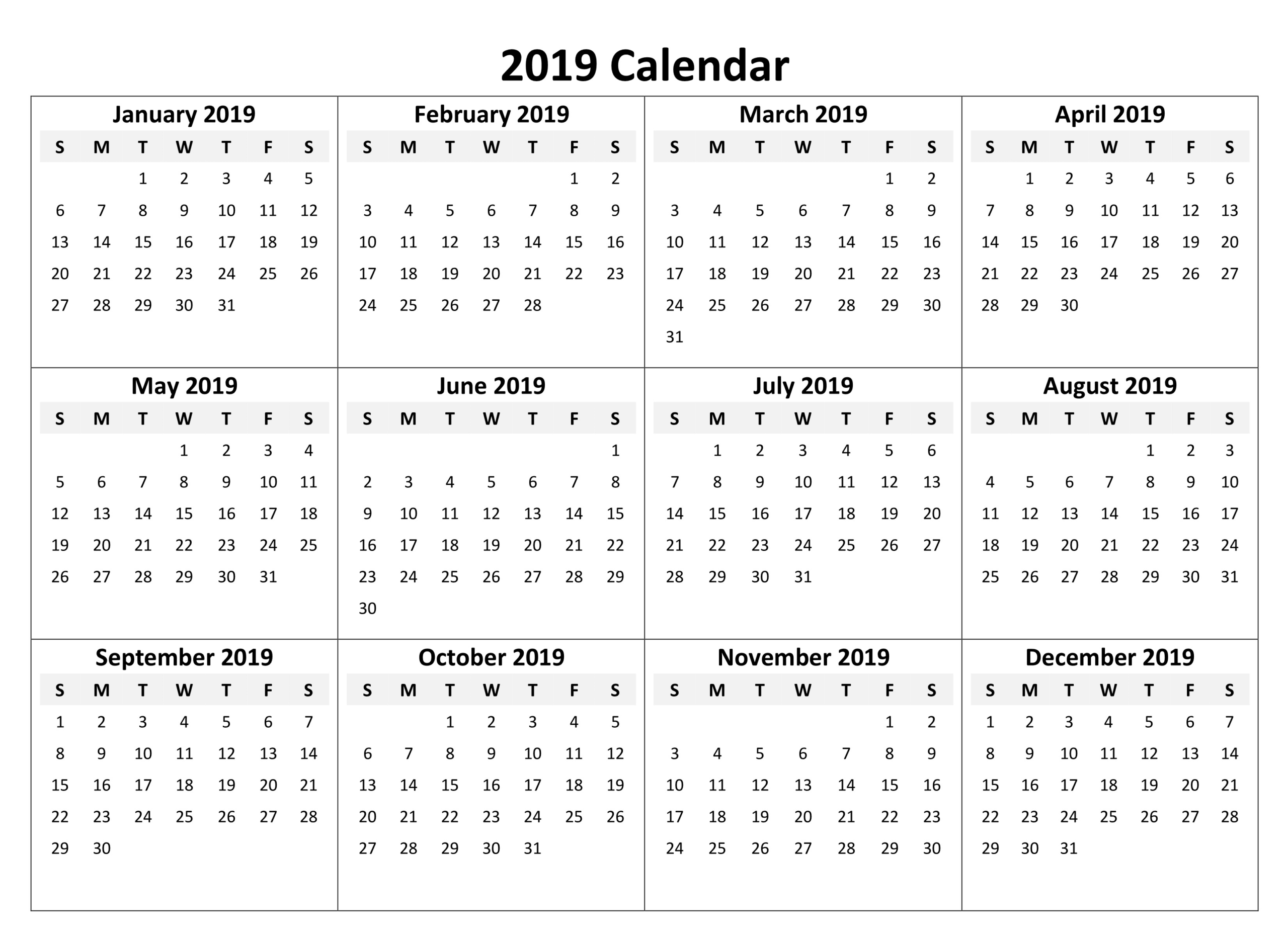 2019 Printable Calendar Templates