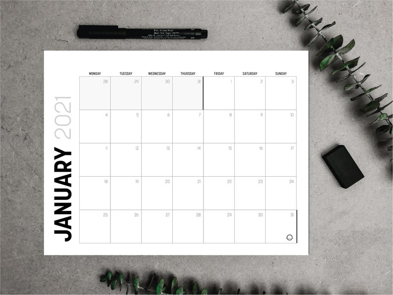 2020-2021 Calendar Printable Bold &amp; Minimalist  Monthly
