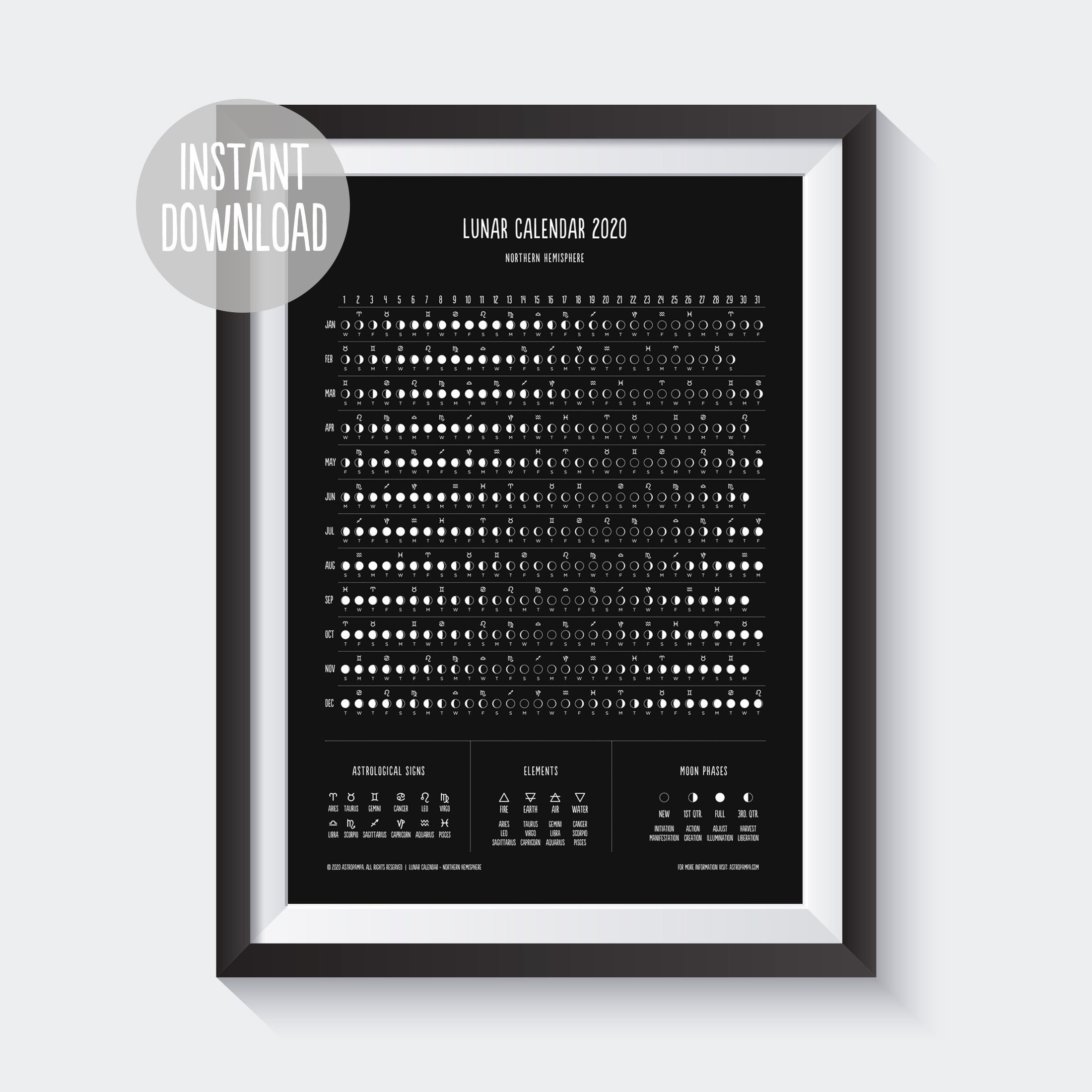 2020 &amp; 2021 Printable Lunar Calendar Black. Moon Phases. | Etsy