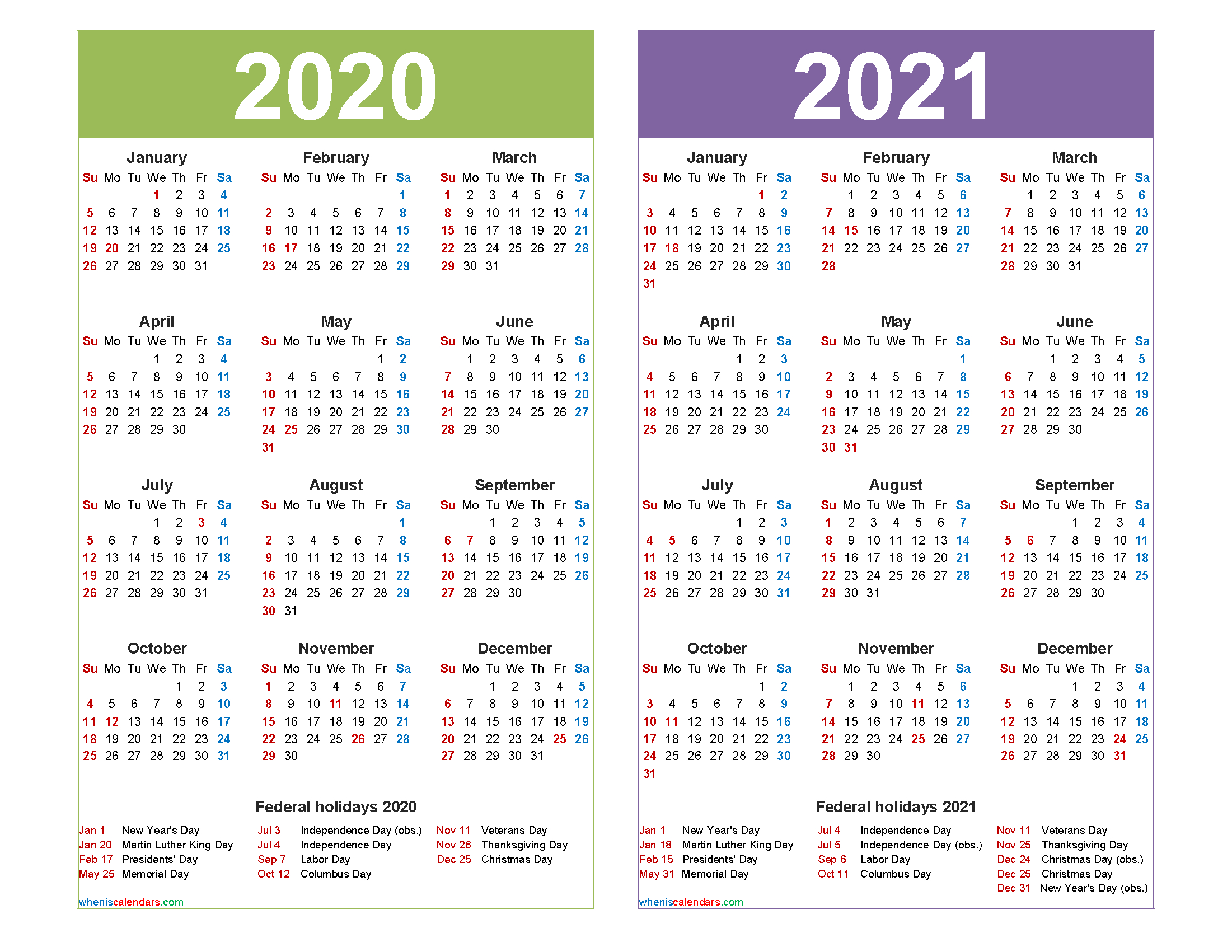 2020 And 2021 Calendar Printable With Holidays Word Pdf