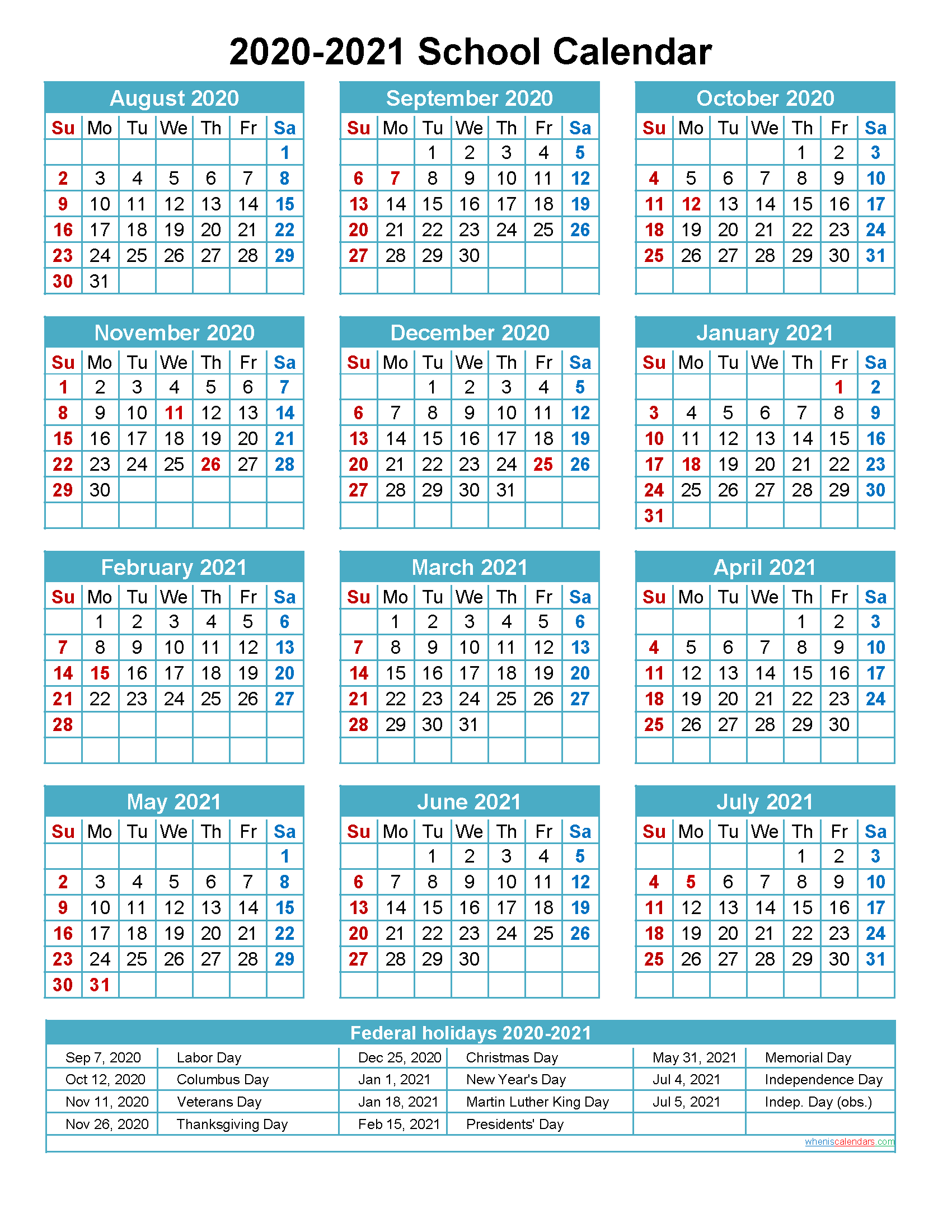 2020 And 2021 School Calendar Printable (Portrait