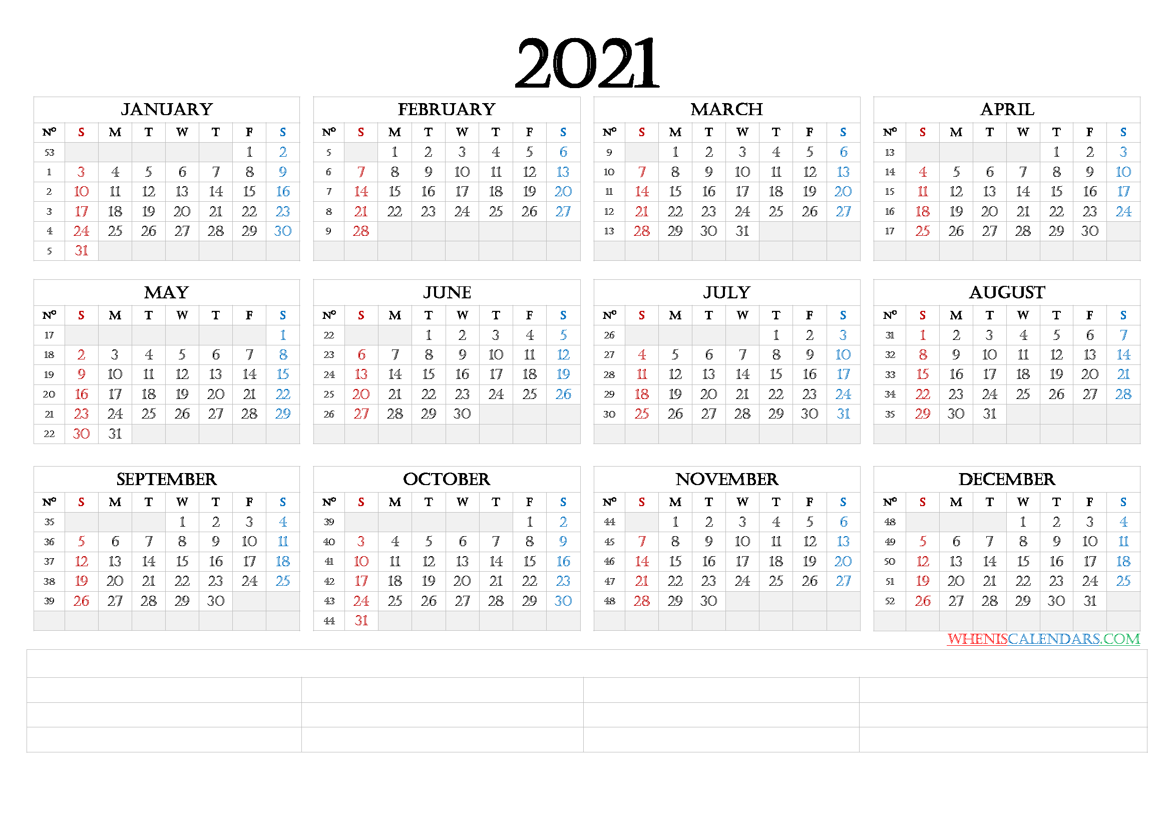 2021 12 Month Printable Calendar Free - December 2021