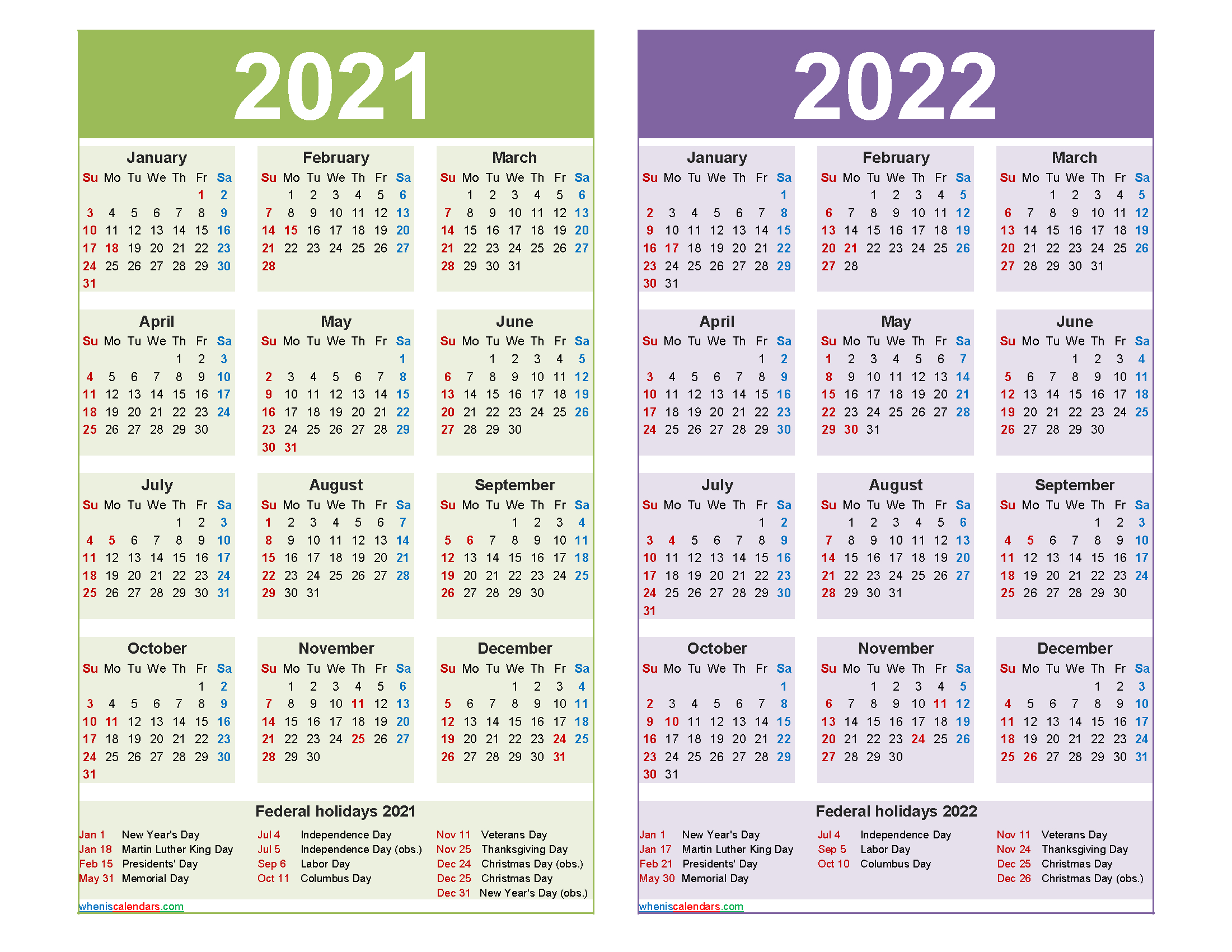 2021 2022 Calendar Printable With Holidays - Free