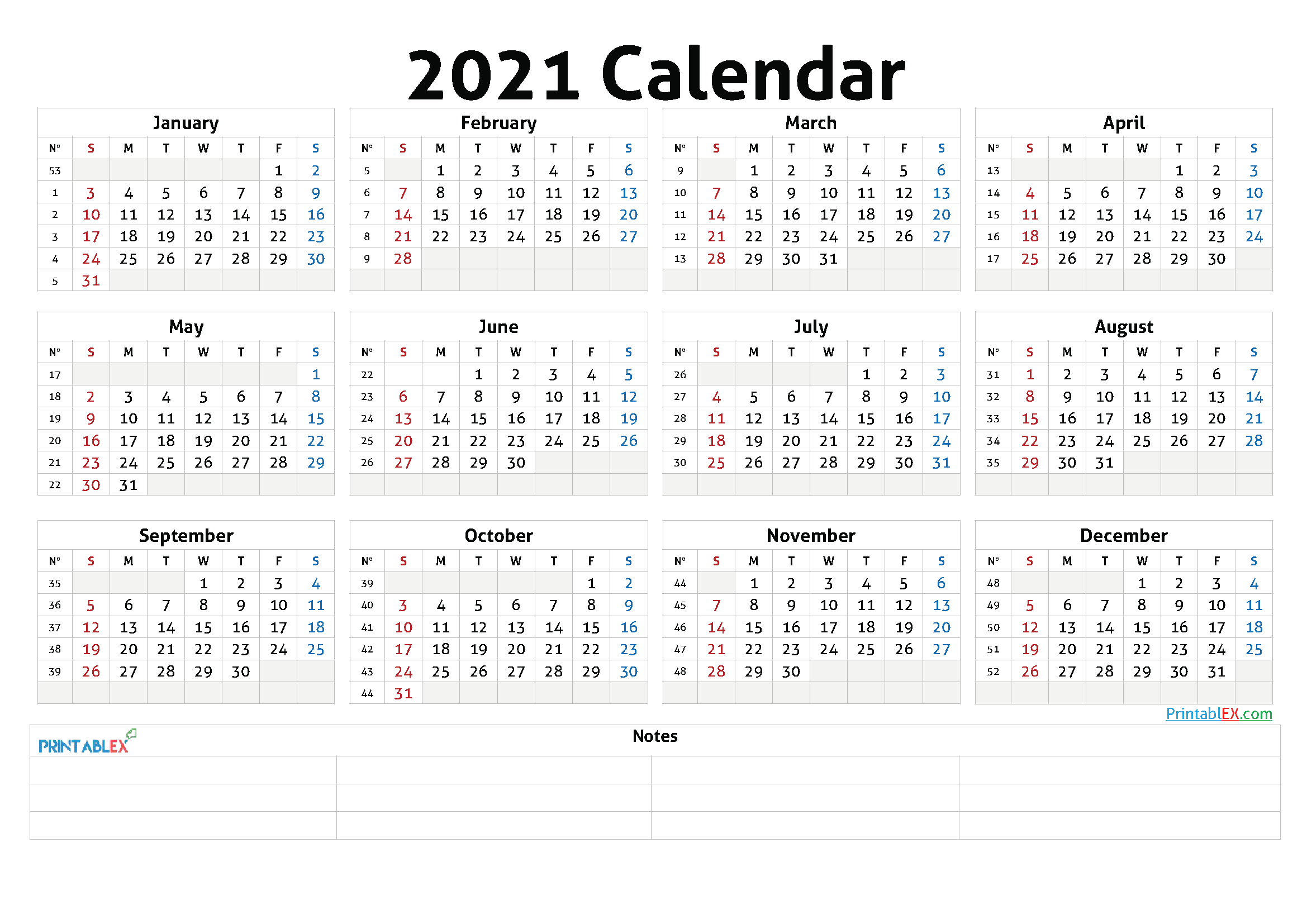 Free Printable Yearly 2021 Calendar With Blocks