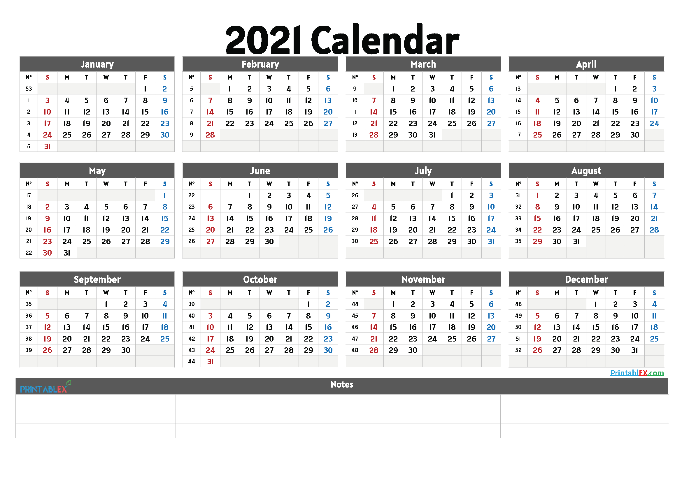 2021 Annual Calendar Printable