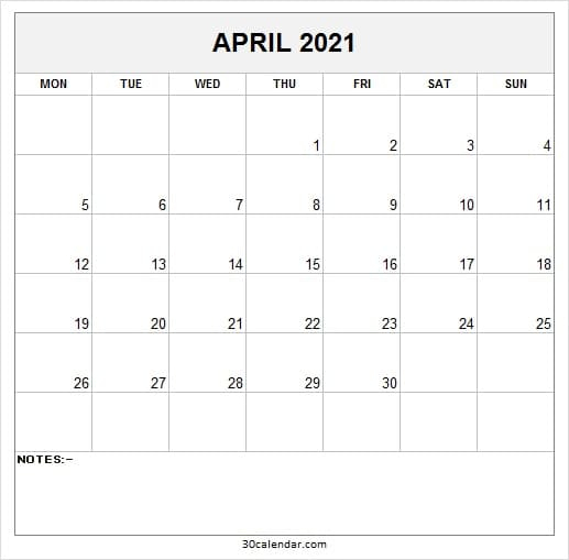 2021 April Calendar To Print - Free Blank Calendar 2021