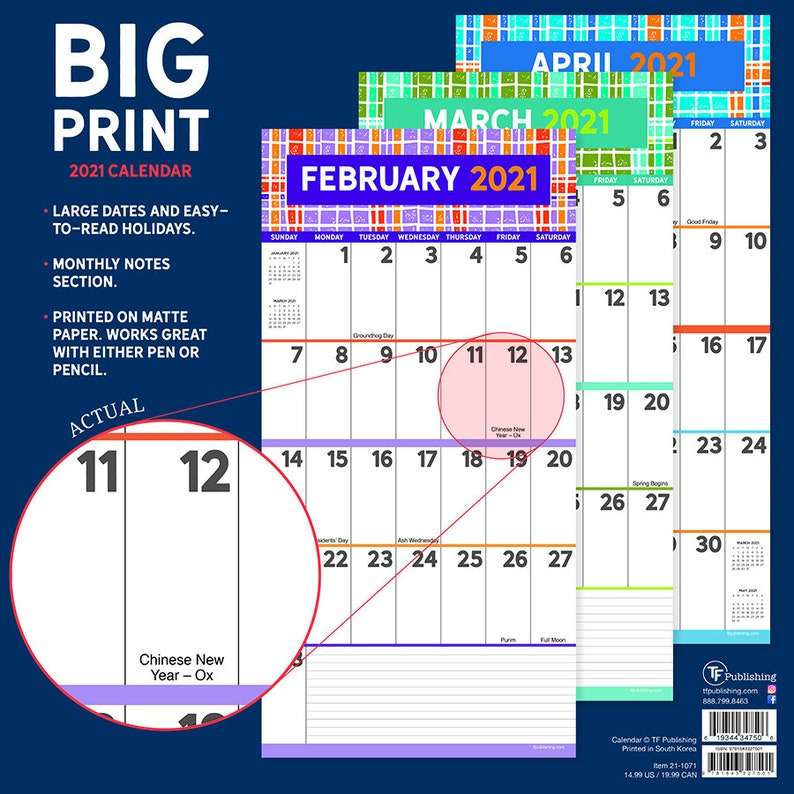 2021 Big Print Wall Calendar 12X12 Large Grid Planning On | Etsy