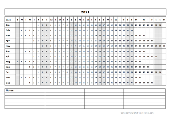 2021 Blank Landscape Yearly Calendar Template - Free