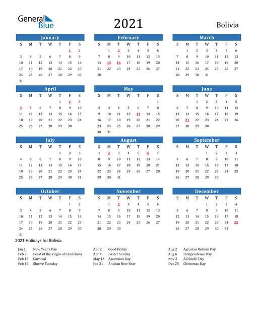 2021 Calendar - Bolivia With Holidays