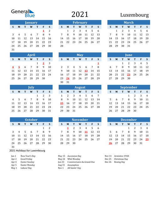2021 Calendar - Luxembourg With Holidays