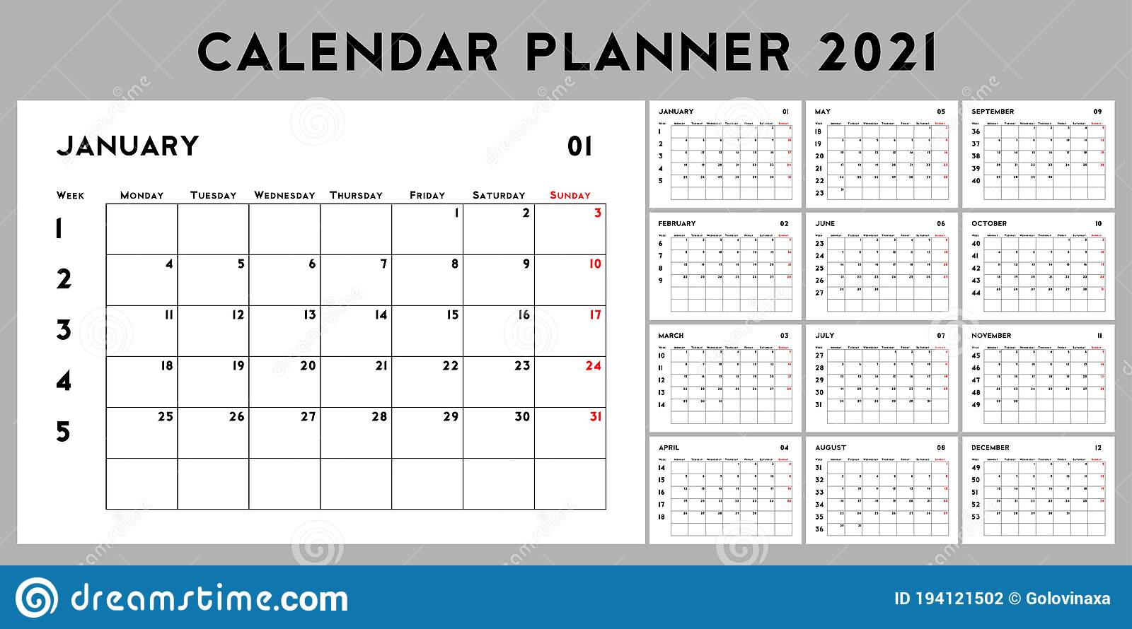 2021 Calendar Planner With Week Numbers Basic Design