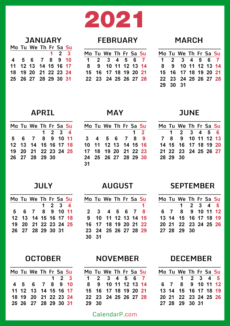2021 Calendar Printable Free Green - Monday Start