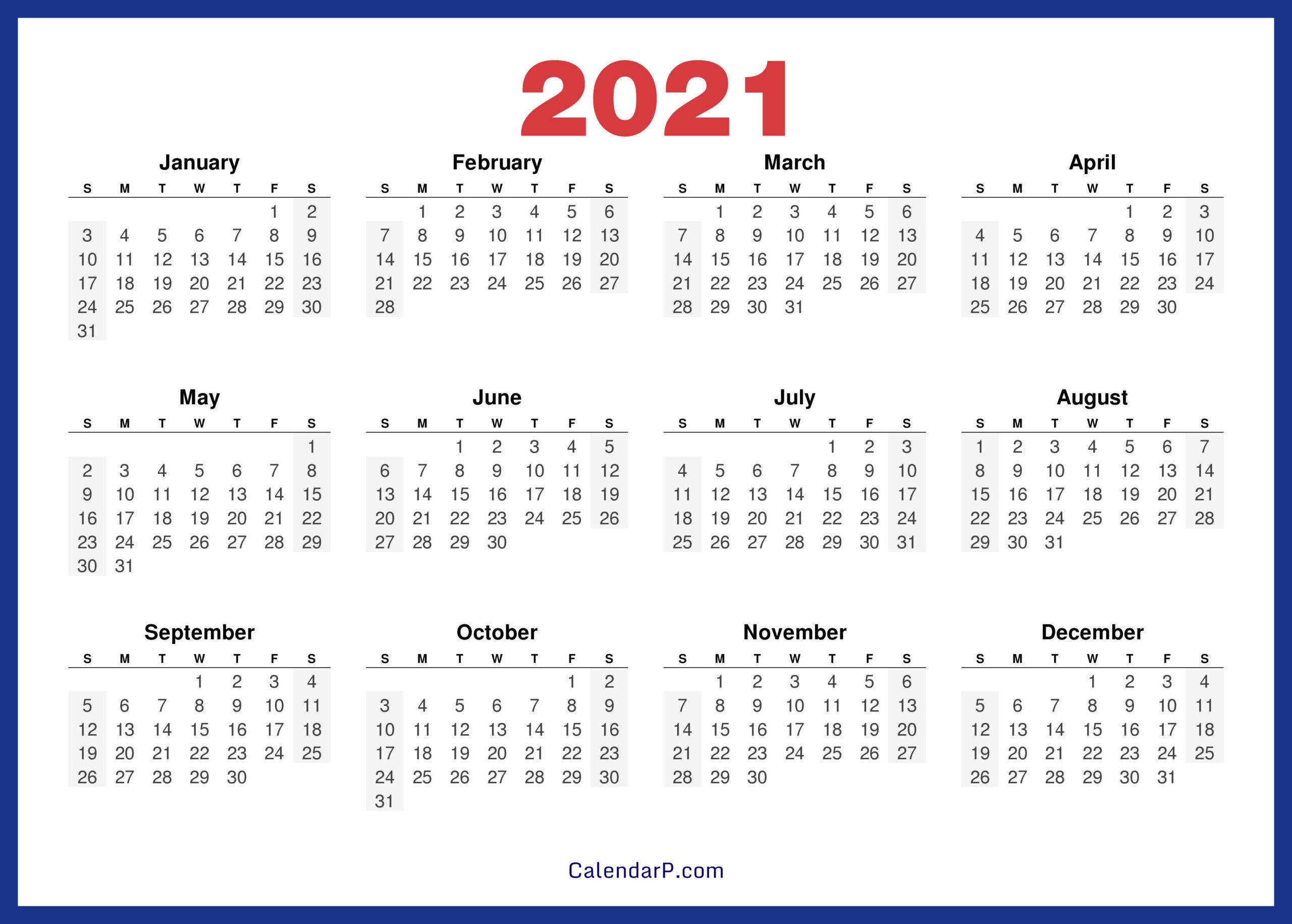 2021 Calendar Printable Free Hd - Navy Blue - Calendarp