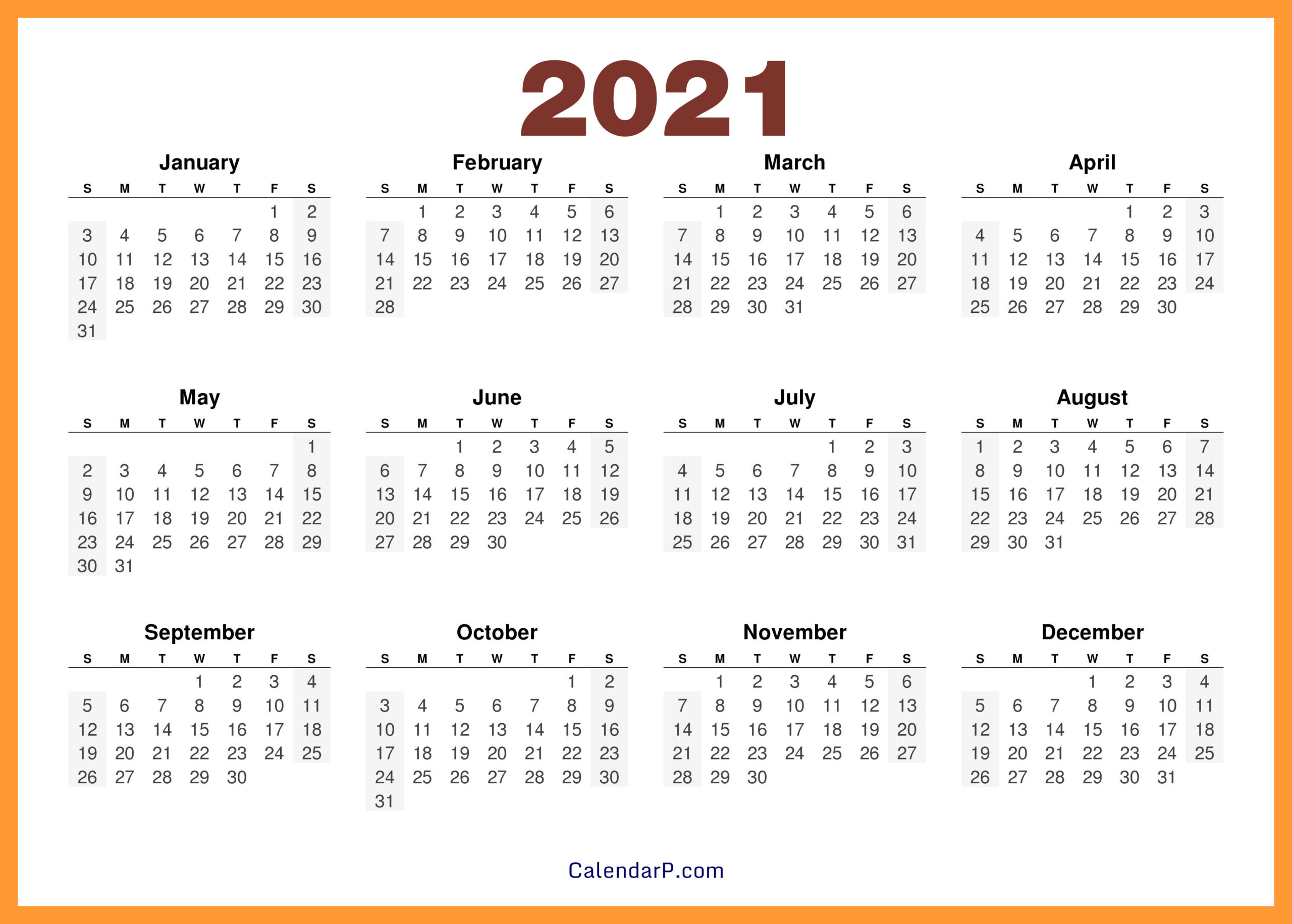 2021 Calendar Printable Free Hd - Orange - Calendarp