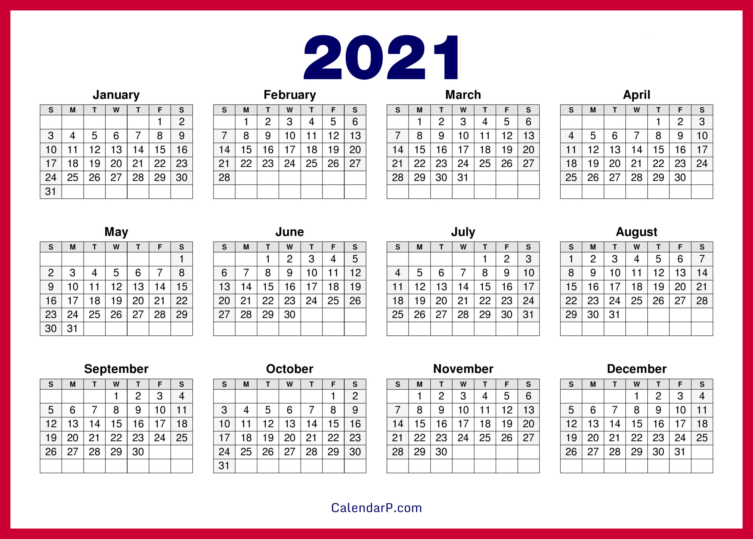 2021 Calendar Printable Free Hd - Red - Calendarp