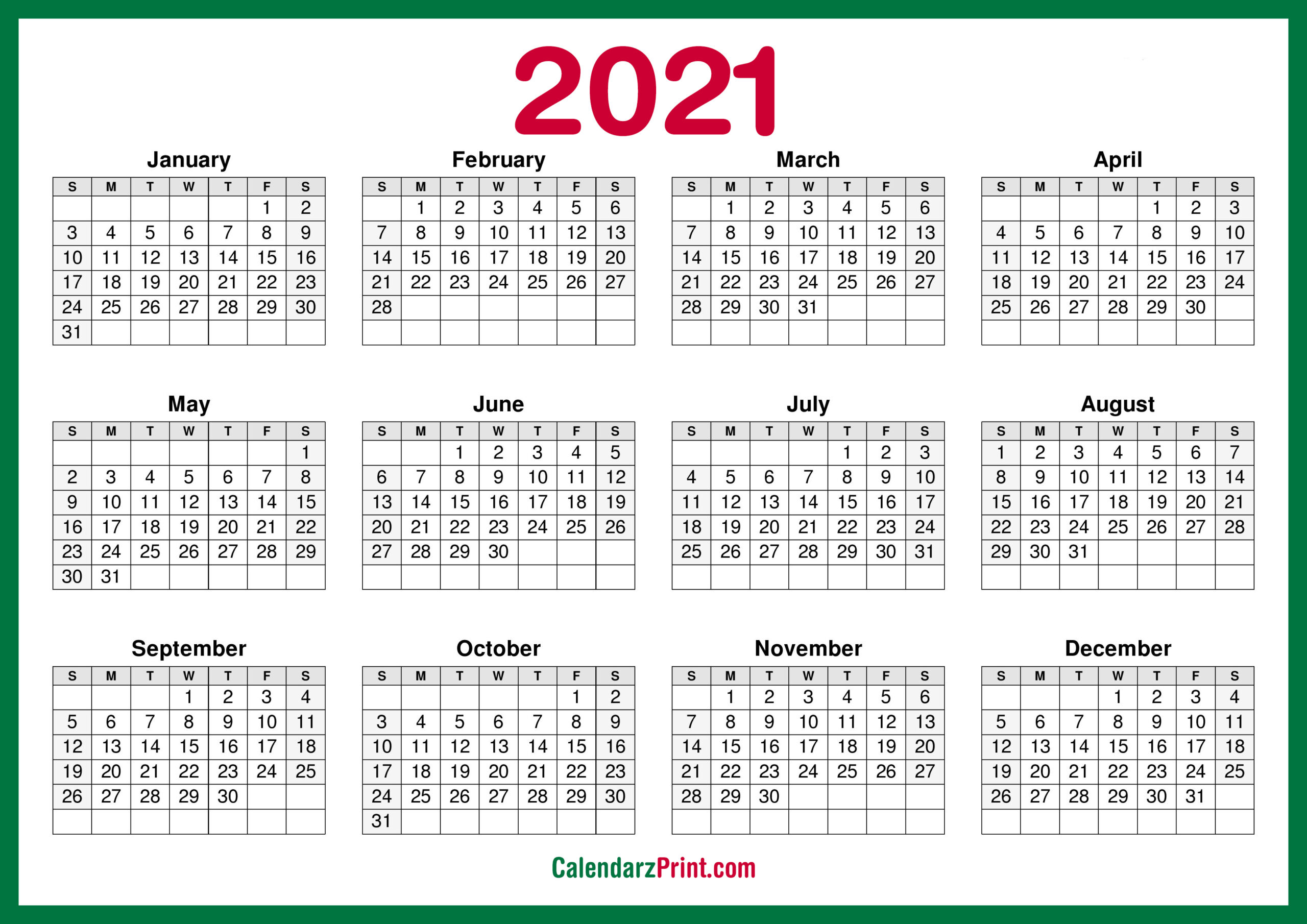2021 Calendar Printable Free Horizontal Hd Green