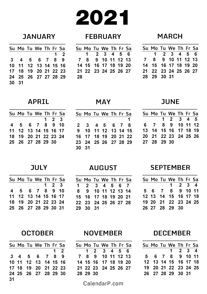 2021 Calendar Printable Free White - Sunday Start
