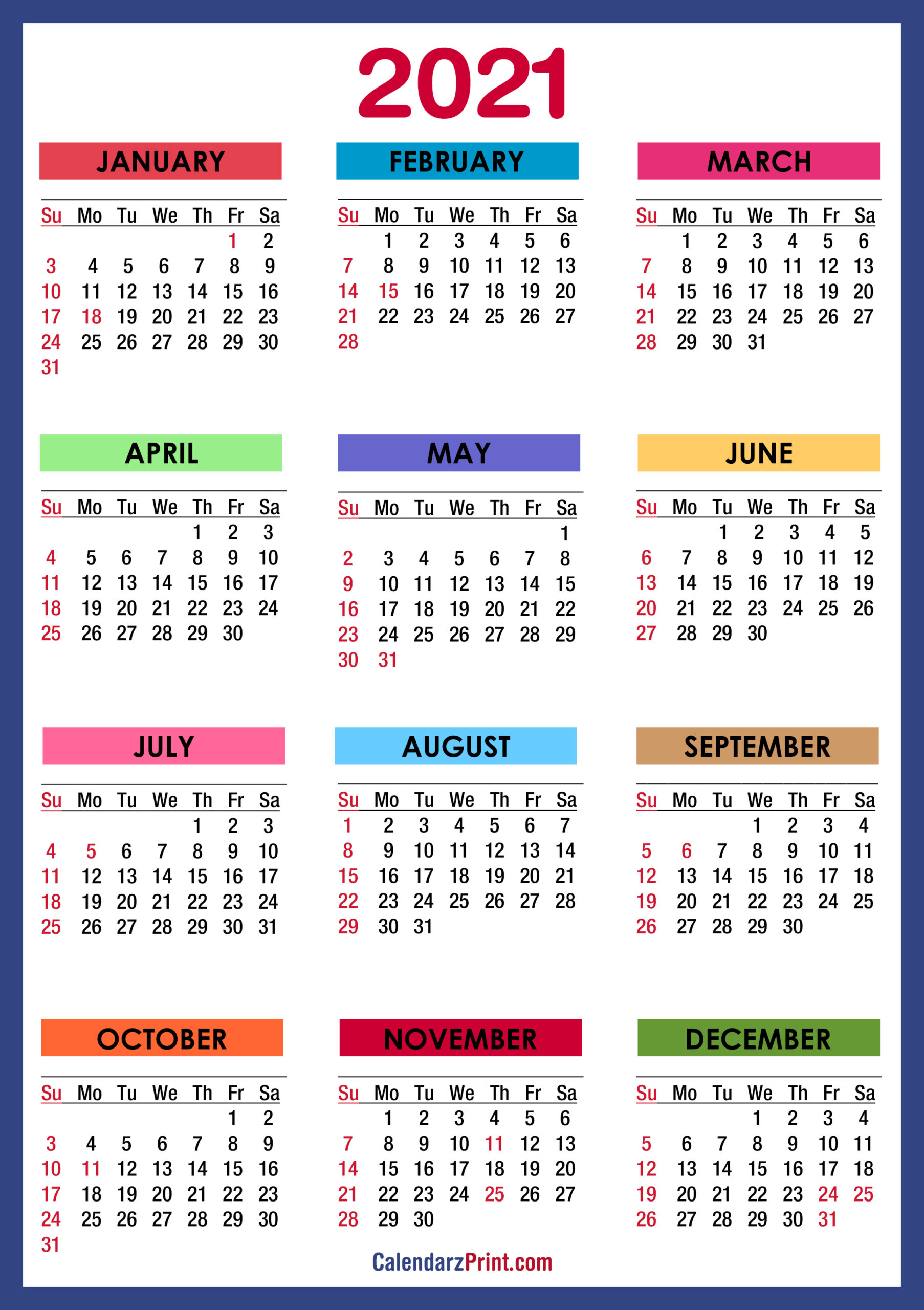 2021 Calendar Printable Pdf With Holidays | 2021 Printable