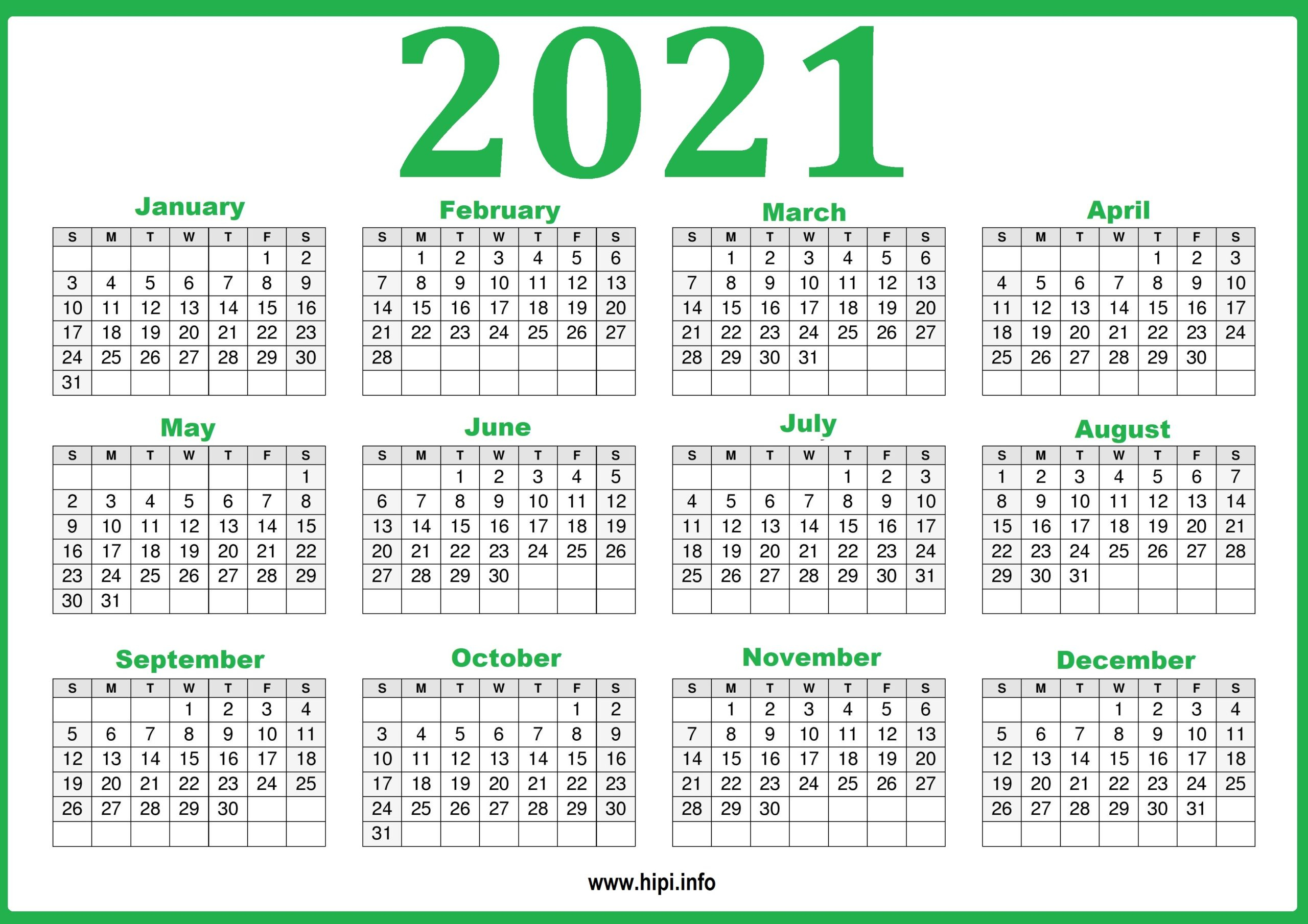 2021 Calendar Printable Yearly Template - Hipi
