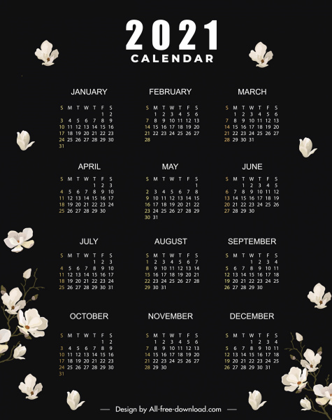 2021 Calendar Template Black Dark Design Floras Decor Free