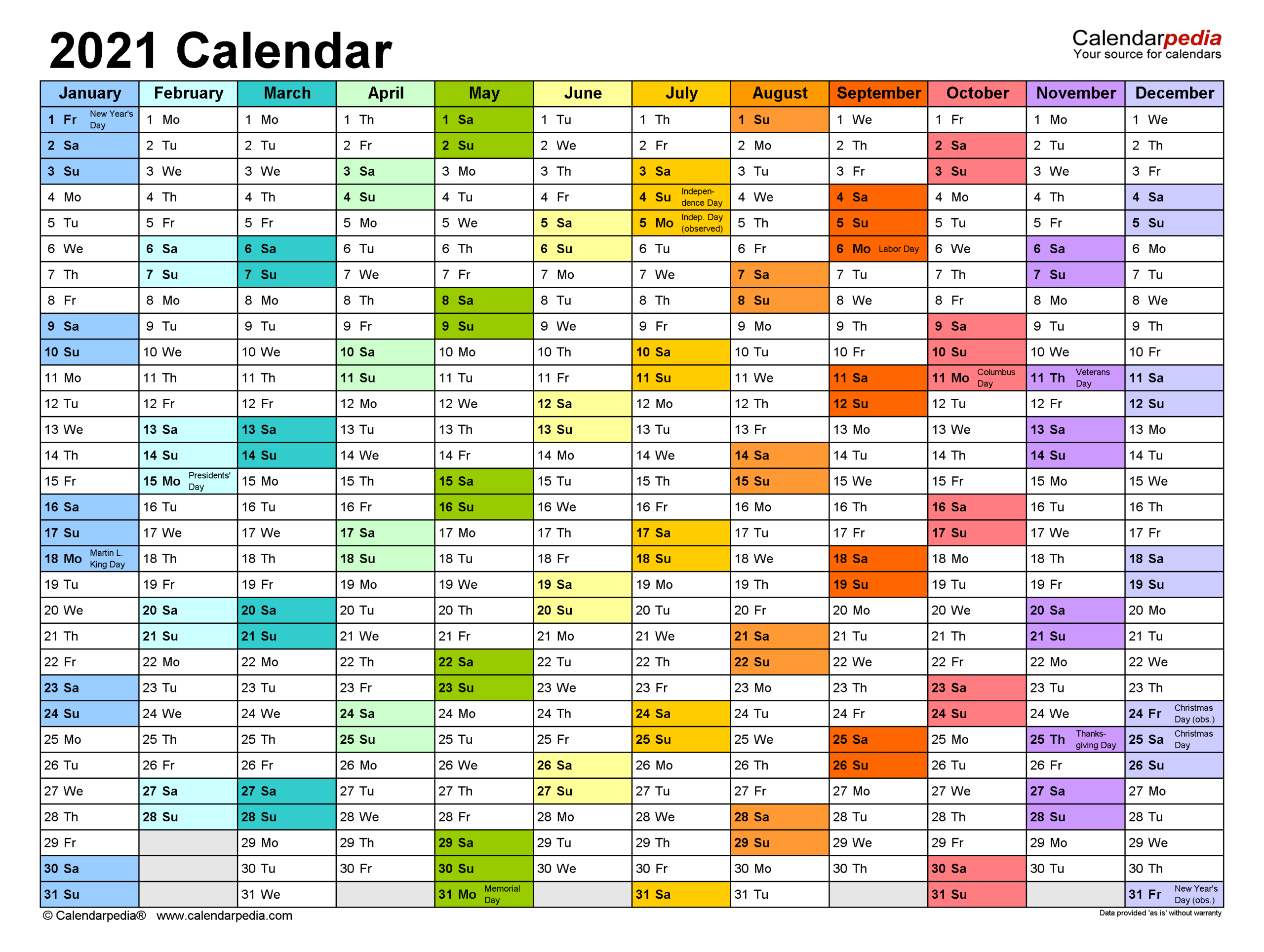 2021 Calendar Template Excel