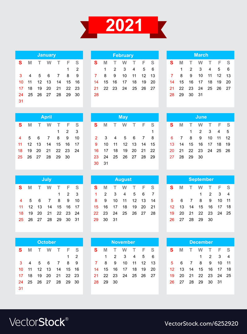 2021 Calendar Week Start Sunday Royalty Free Vector Image