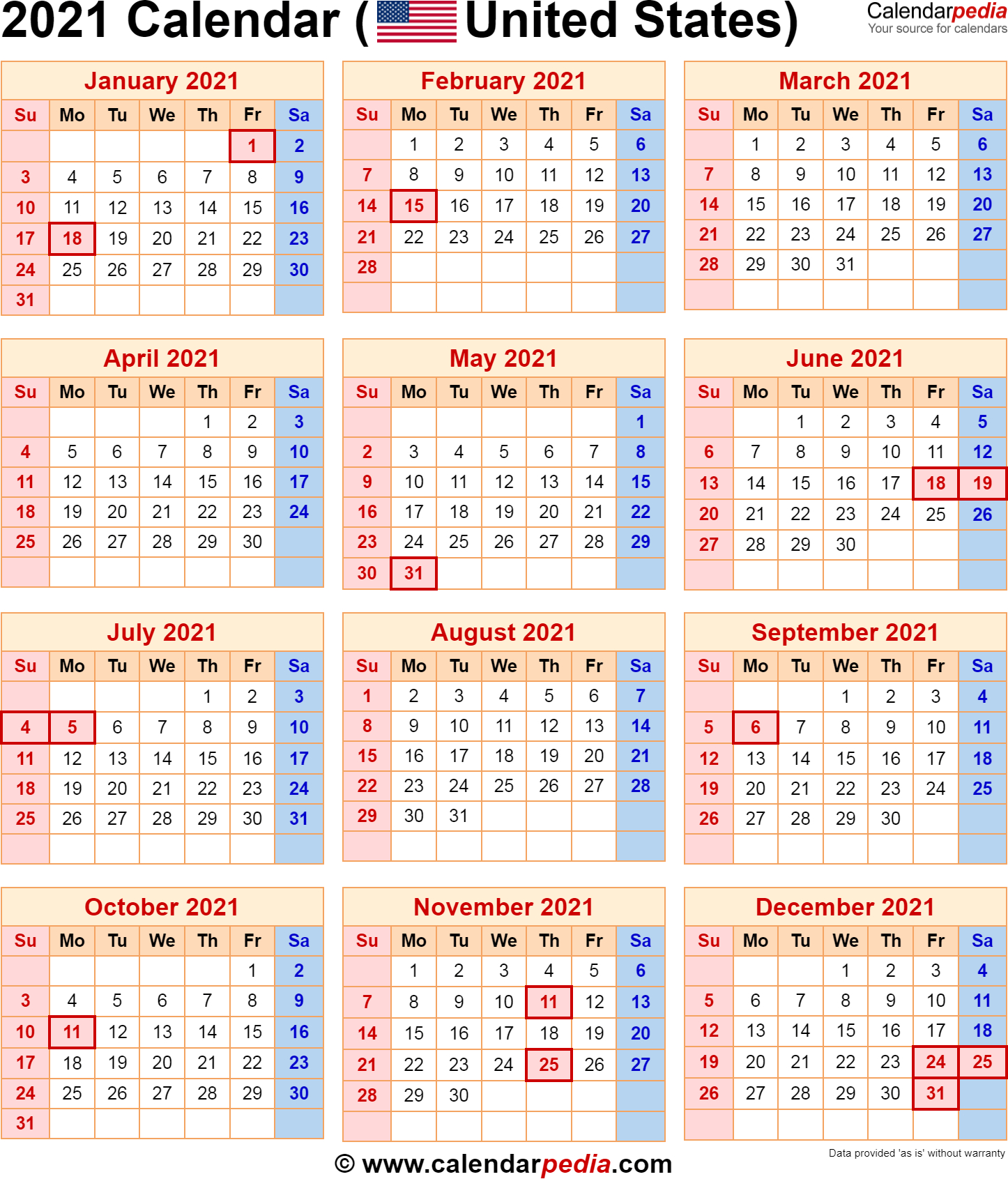2021 Calendar With Federal Holidays