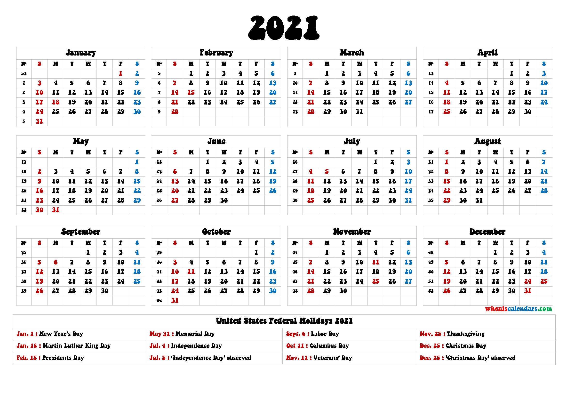 2021 Calendar With Holidays Printable - 6 Templates | Free