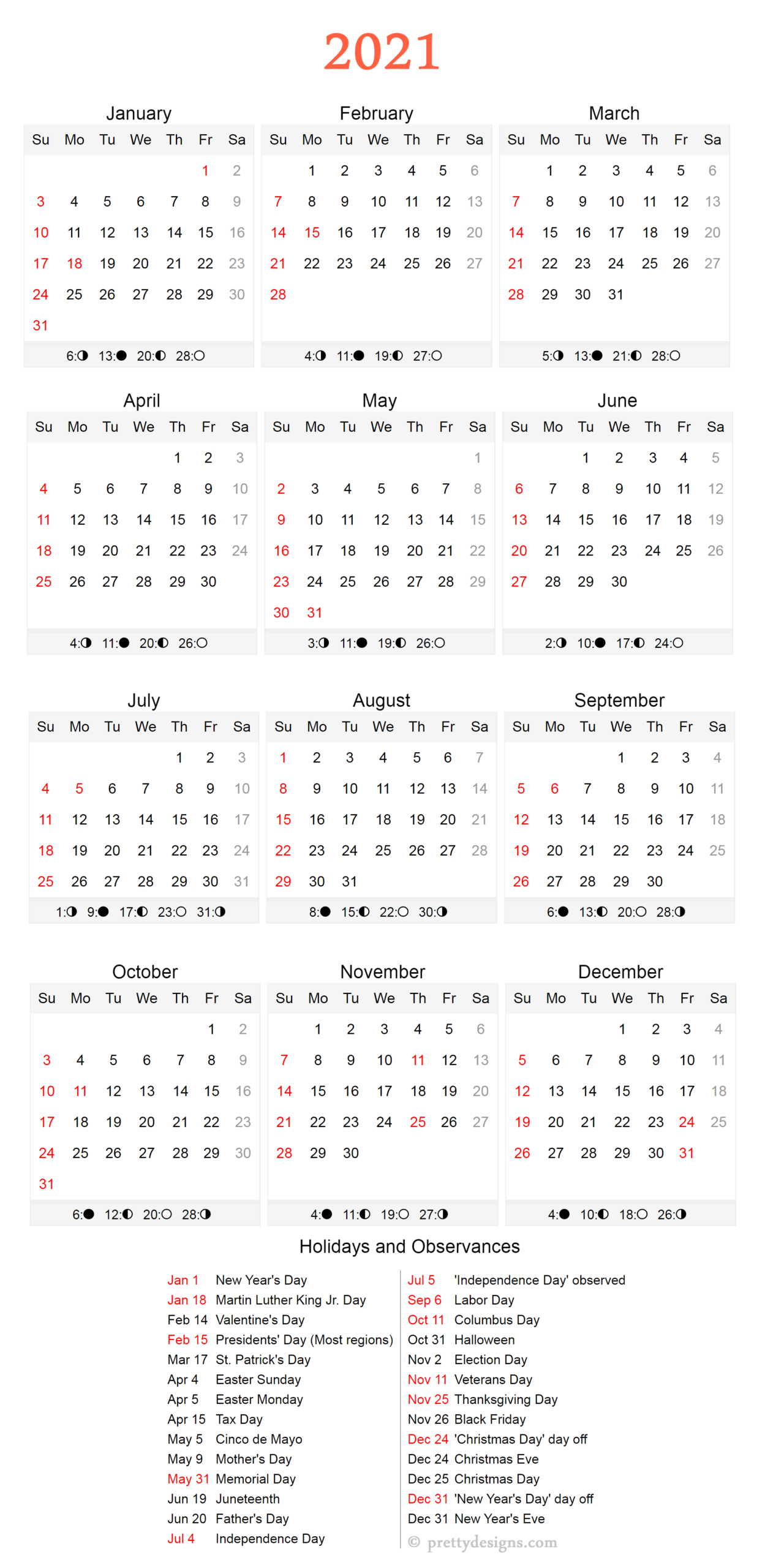 2021 Calendar With Holidays (Printable And Free Download) - Pretty Designs