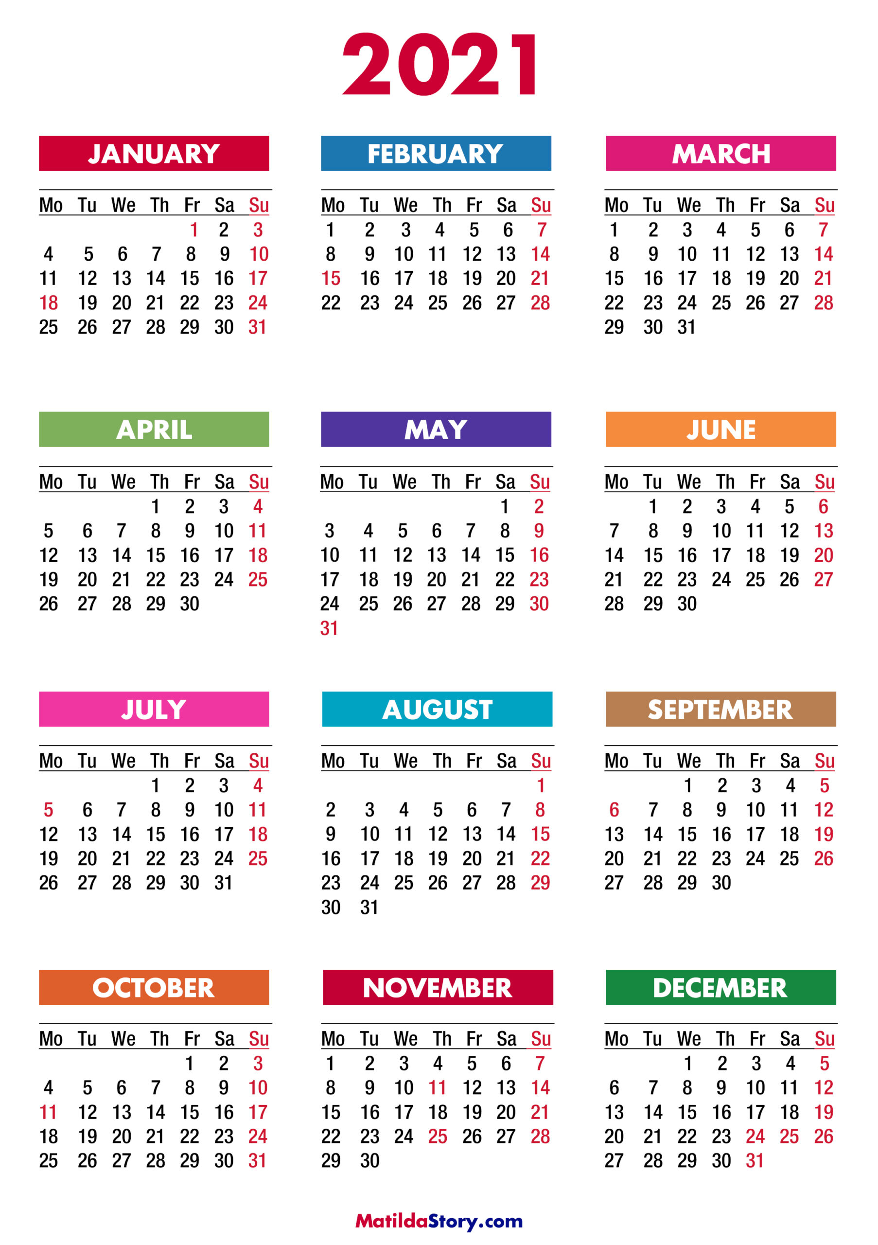 2021 Calendar With Holidays Printable Free Colorful