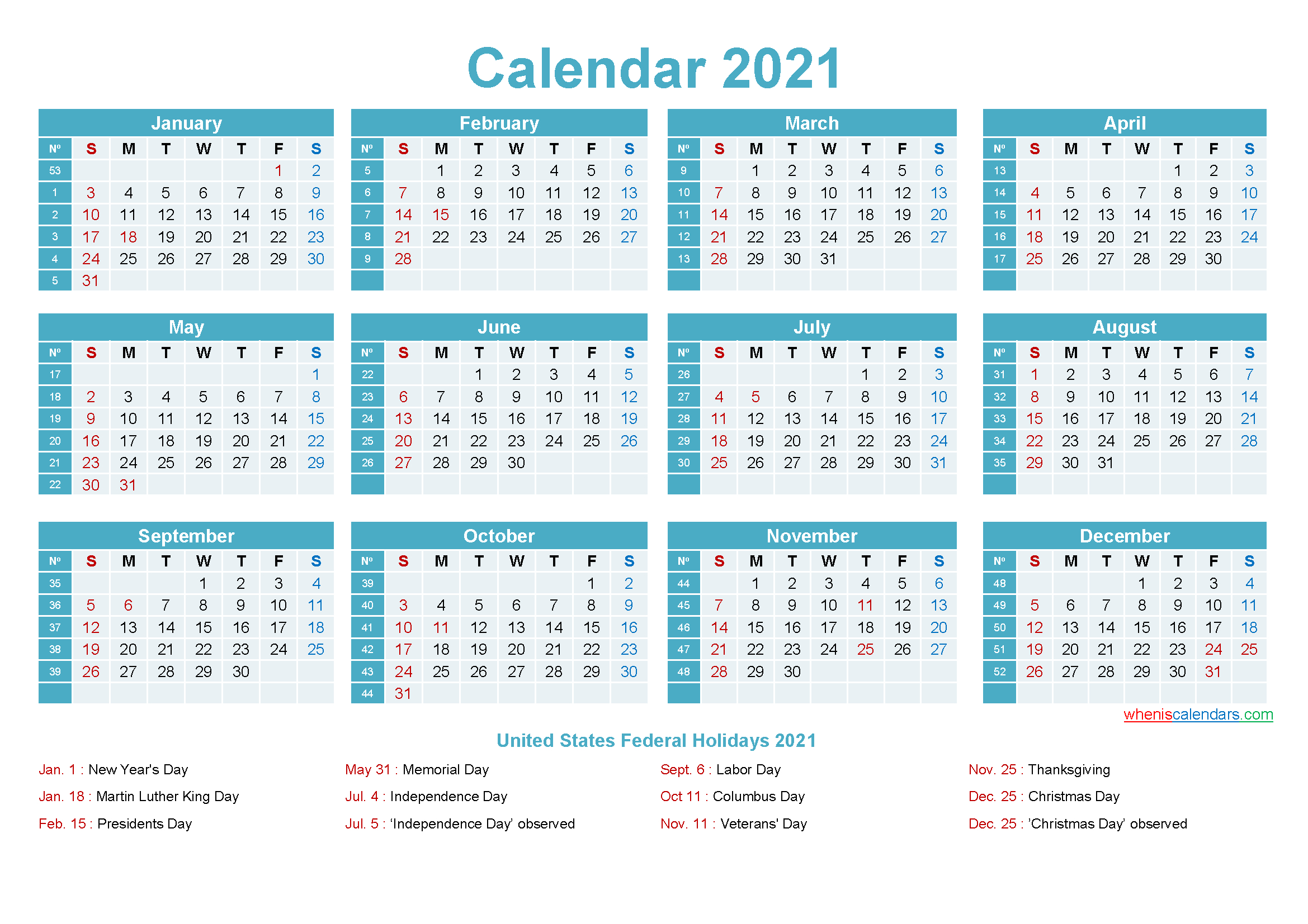 2021 Calendar With Holidays Printable Word Pdf