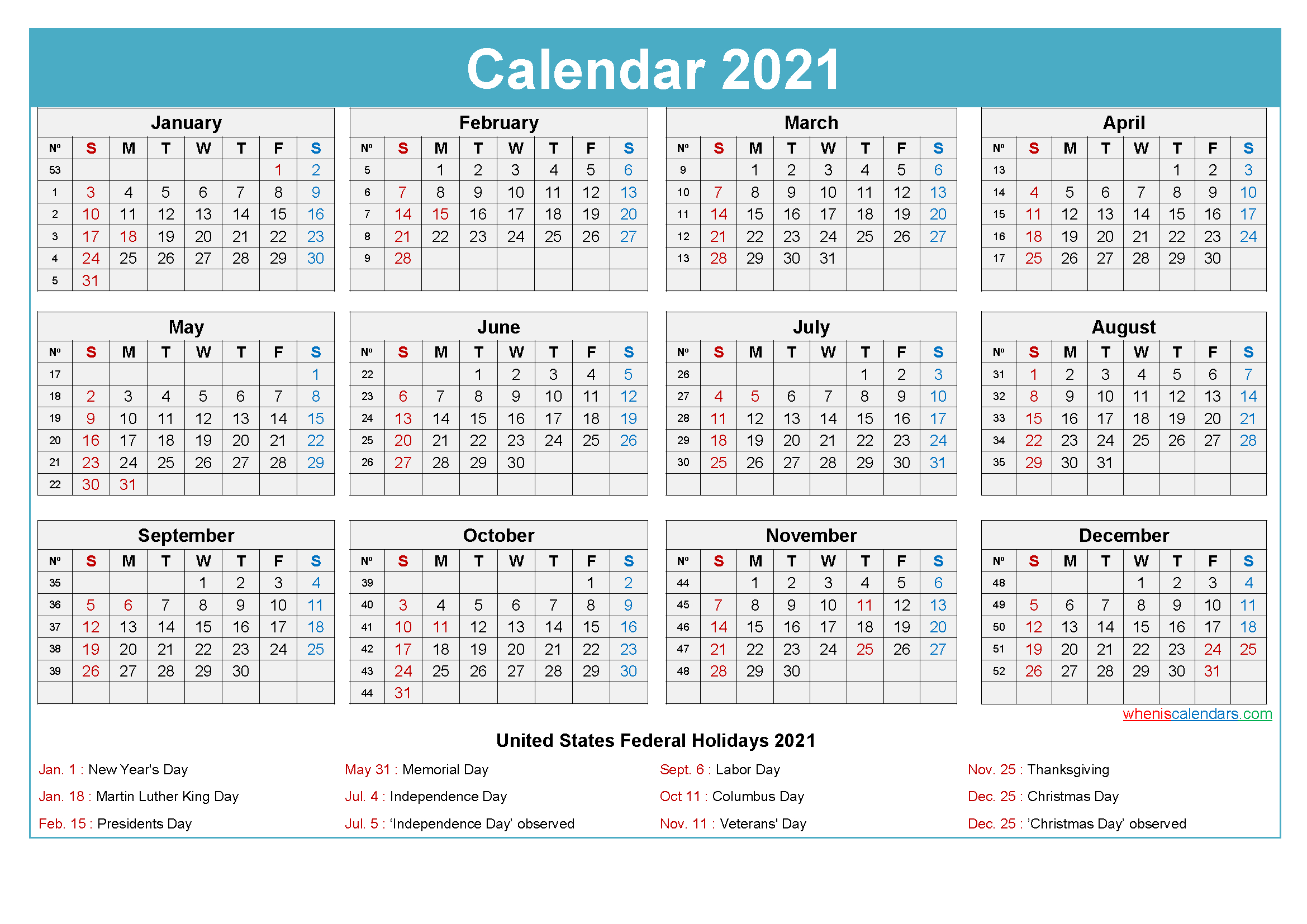 2021 Calendar With Holidays Printable Word Pdf | Free