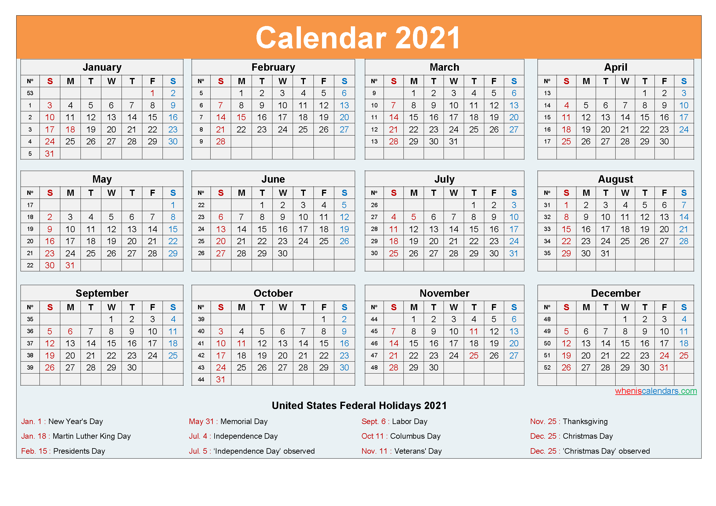 2021 Calendar With Holidays Template Word Pdf - Free