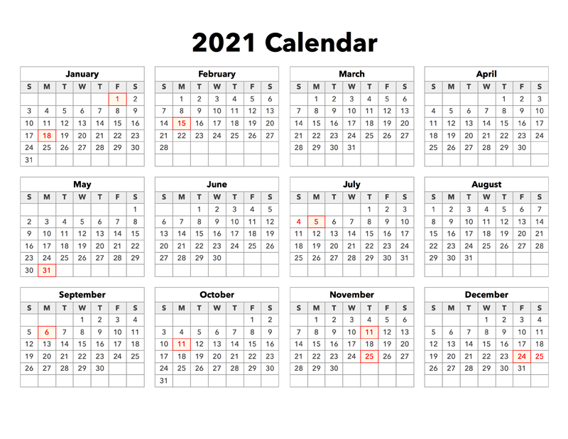 2021 Calendar With Holidays (United States) - Calendar Options