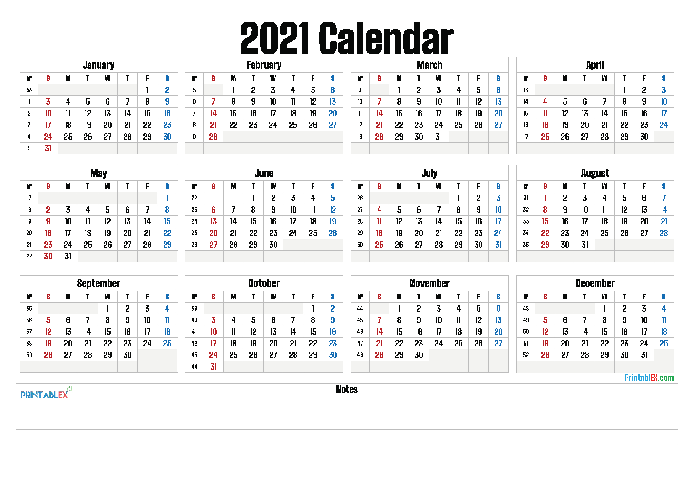 2021 Calendar With Week Number Printable Free - 2021