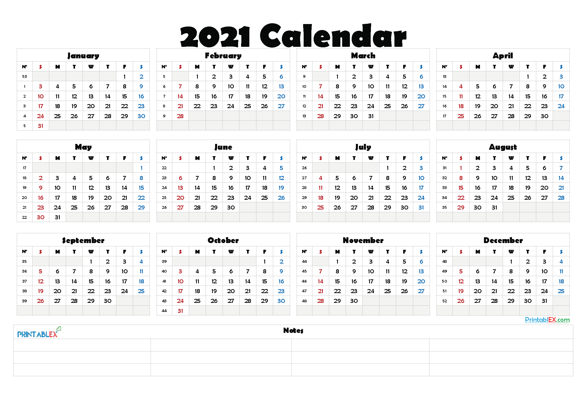 2021 Calendar With Week Number Printable Free - Week