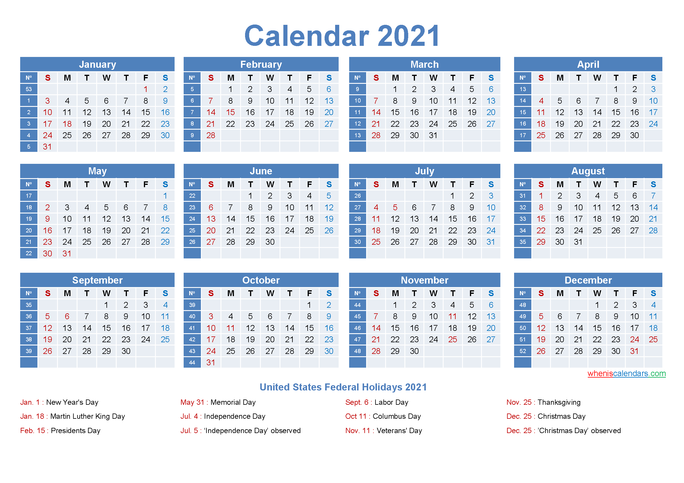 2021 Calendar With Week Numbers And Holidays | Calendar 2021