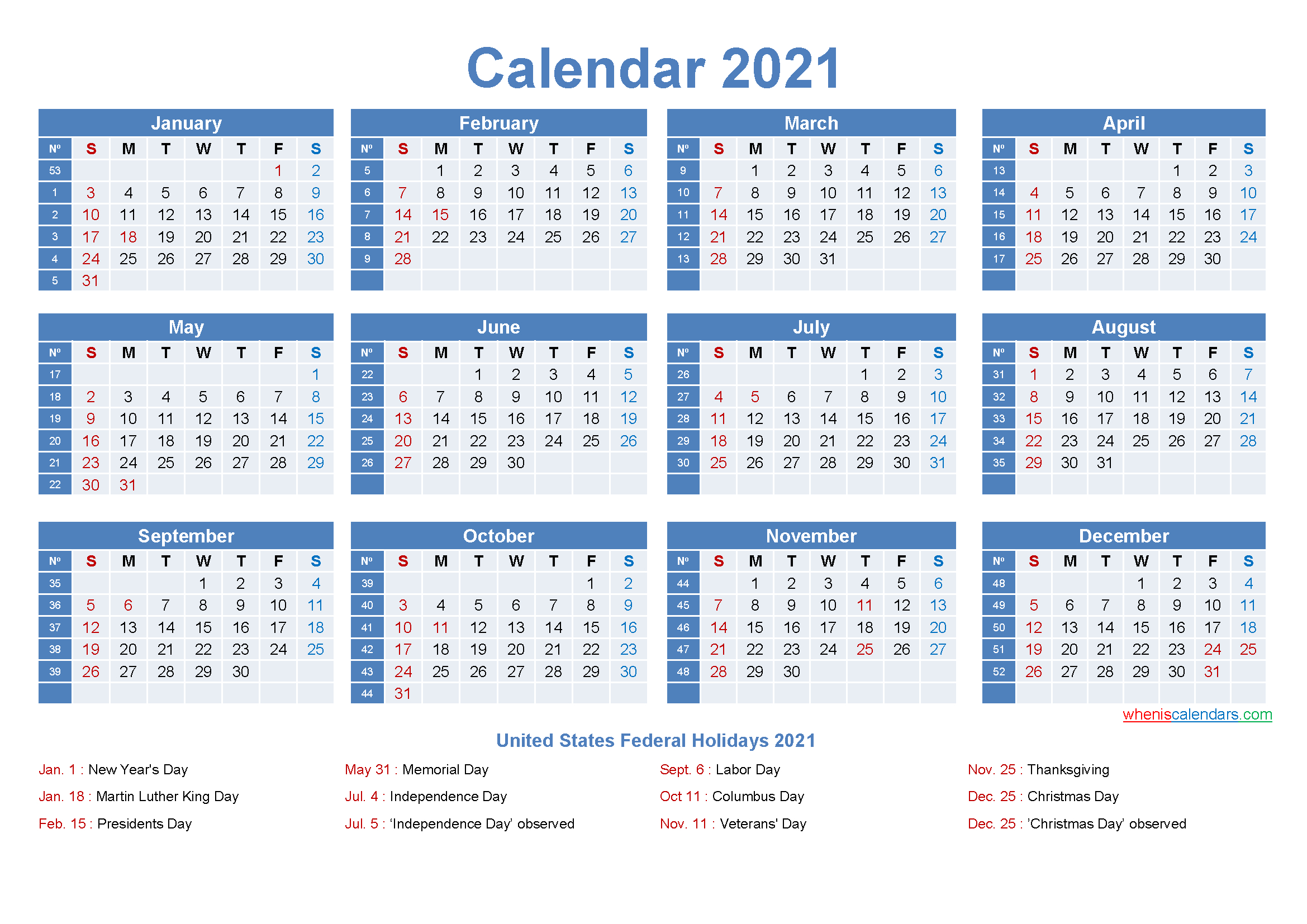 2021 Vacation Calendar Template