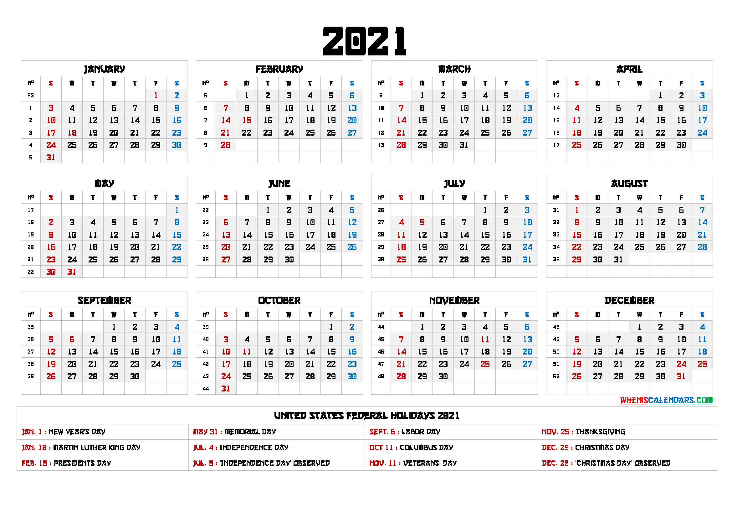 2021 Calendar With Week Numbers Printable - 6 Templates