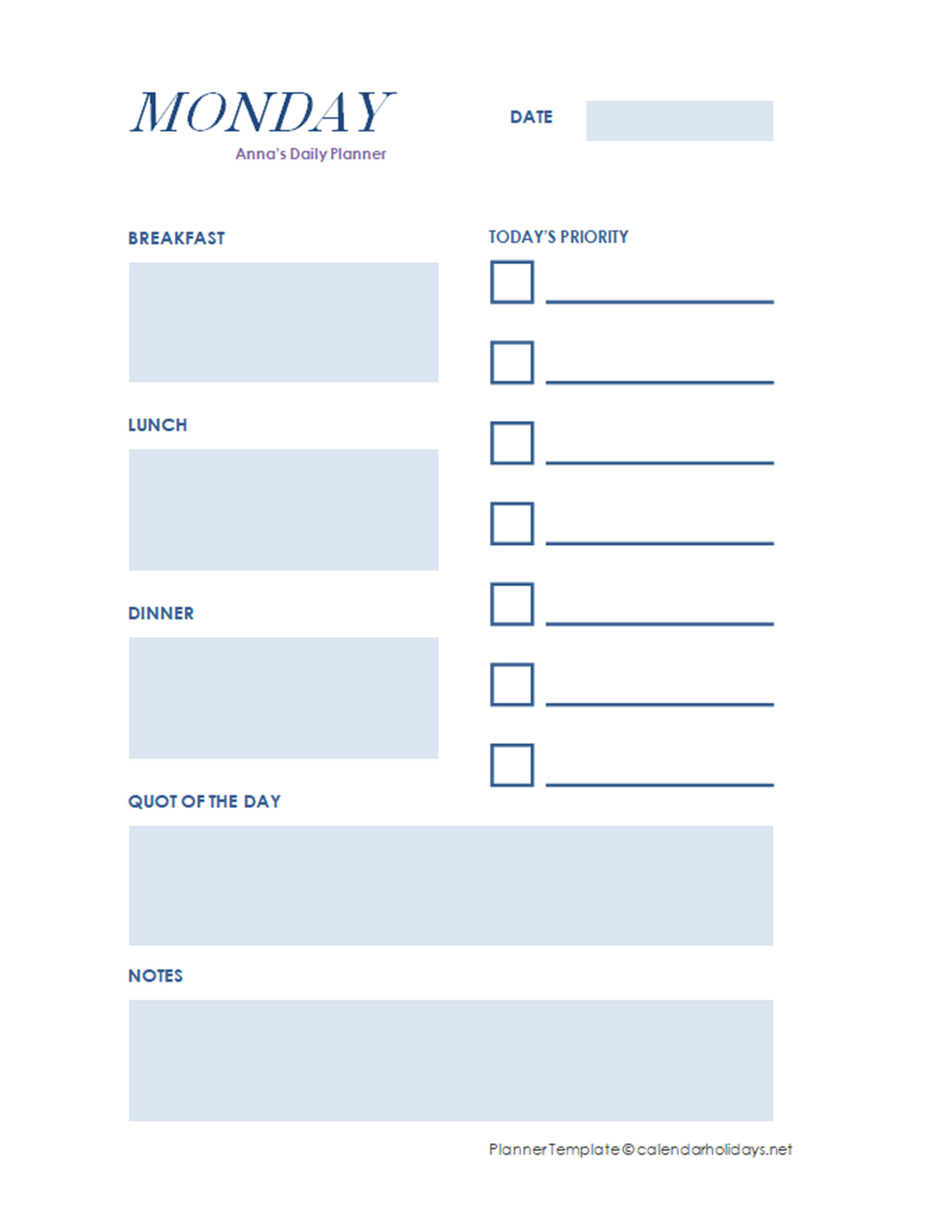 2021 Daily Planner Template - Calendarholidays